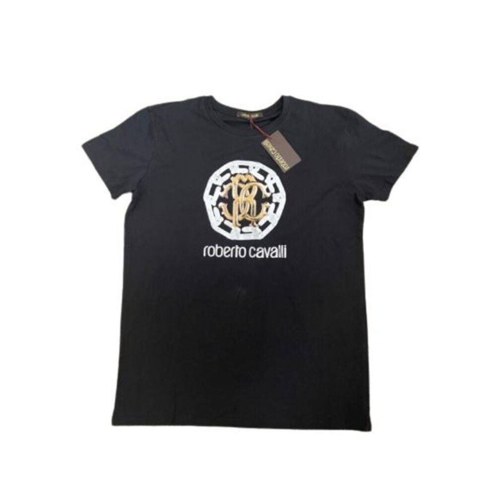 NWT ROBERTO CAVALLI uomo Large men's black t-shirt tee gold silver logo RC